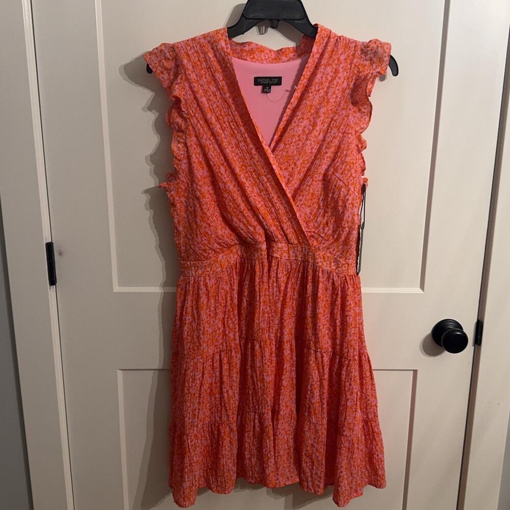 Rachel Zoe Dress Sz 14 Orange Floral Chiffon Wrap V Neck Tiered Ruffle Sundress